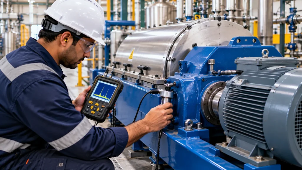 Centrifuge Vibration and Bearing Condition Check Engineer checking vibration and bearing condition on an industrial centrifuge