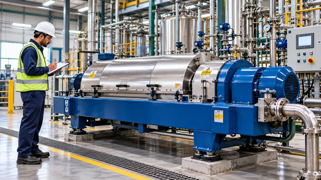 Industrial centrifuge machine installed in a manufacturing plant