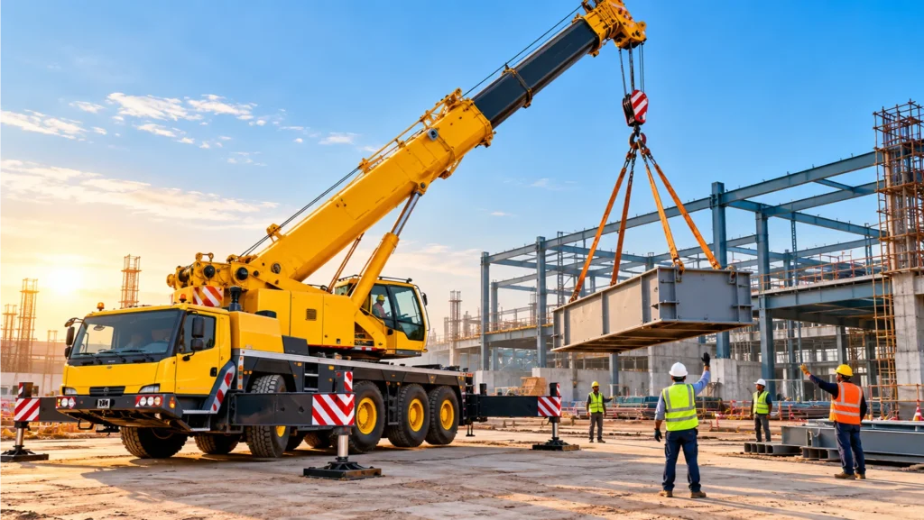 Mobile crane with extended outriggers lifting a load at an industrial construction site in India