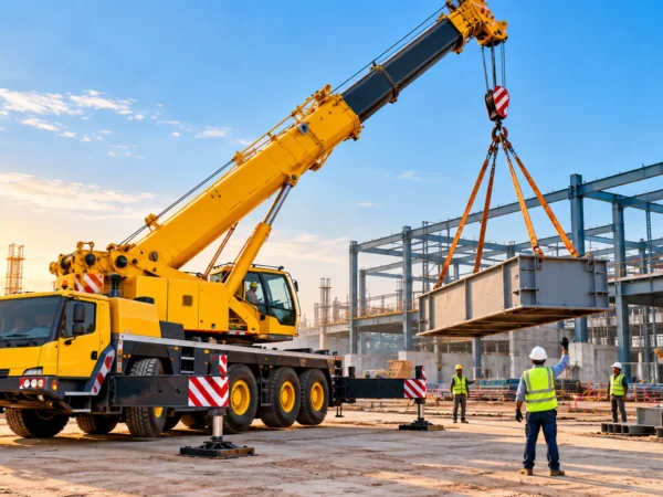 Mobile crane with extended outriggers lifting a load at an industrial construction site in India