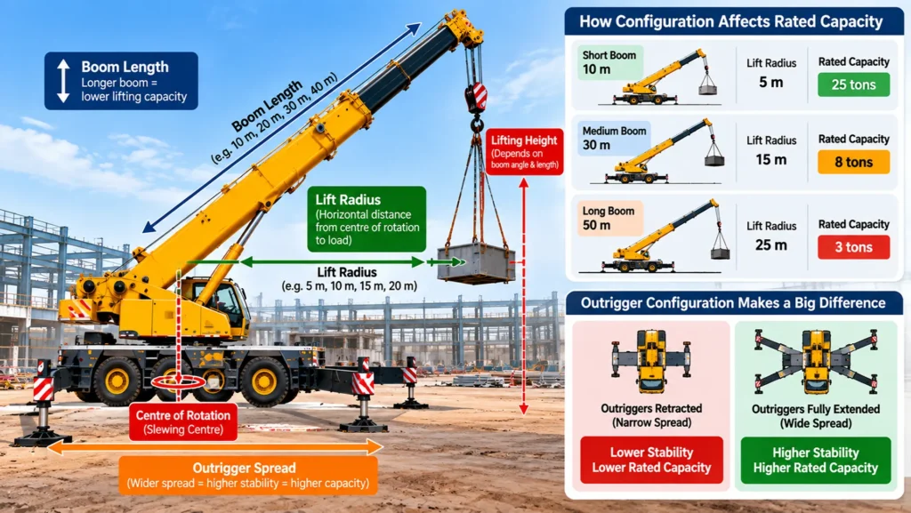 Mobile Crane Rated Capacity Factors Diagram showing how boom length, lift radius and outrigger setup affect mobile crane rated capacity