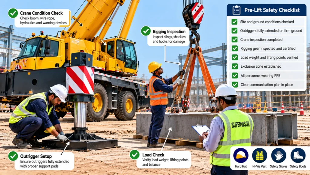 Mobile Crane Pre-Lift Safety Checks Site team carrying out pre-lift safety checks on mobile crane outrigger pads and rigging