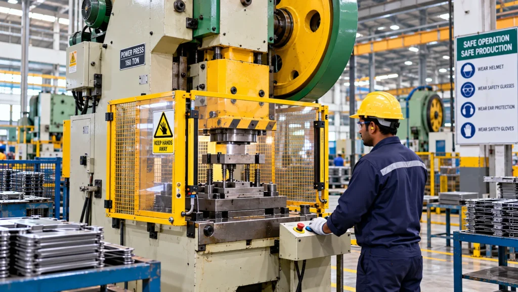 Power press machine with point-of-operation guard in an Indian manufacturing unit