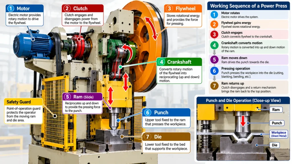 How a Power Press Machine Works Diagram of power press working mechanism showing flywheel, clutch, crankshaft, ram and die