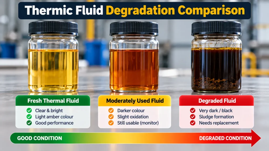 Comparison of fresh, used and degraded thermal fluid samples showing darkening colour and sludge formation