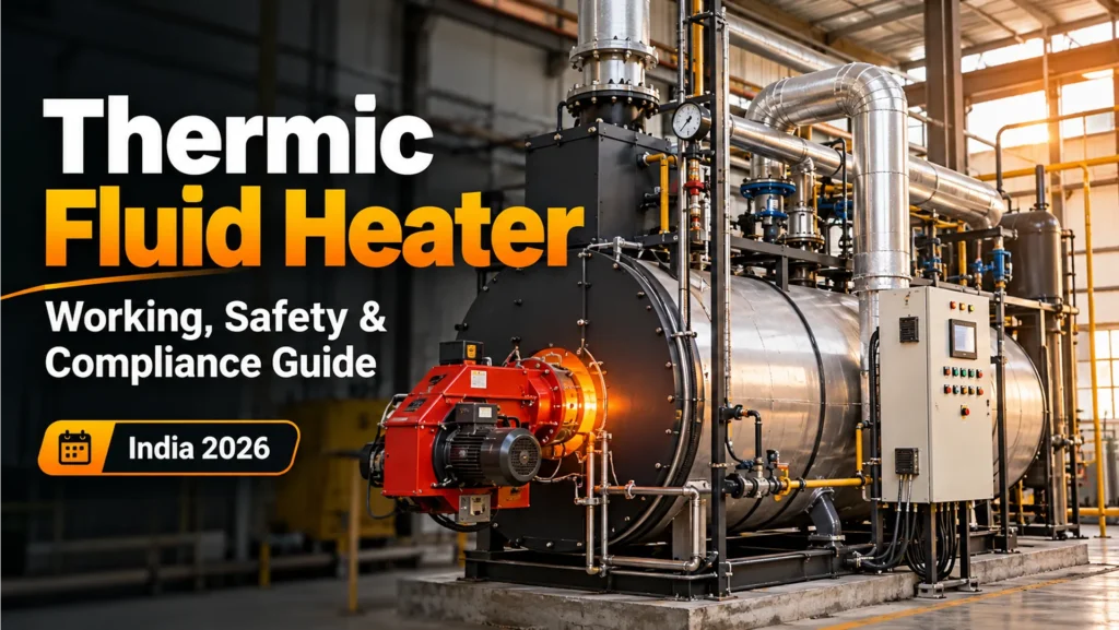 Industrial thermic fluid heater installed in a manufacturing plant with insulated piping and control panel