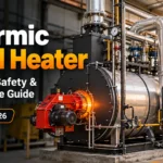 Industrial thermic fluid heater installed in a manufacturing plant with insulated piping and control panel