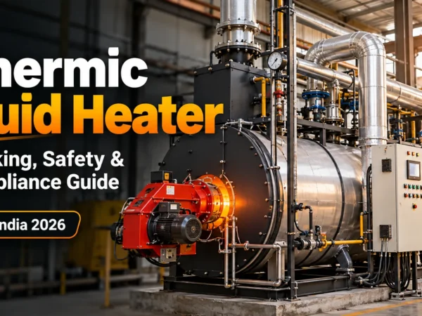 Industrial thermic fluid heater installed in a manufacturing plant with insulated piping and control panel