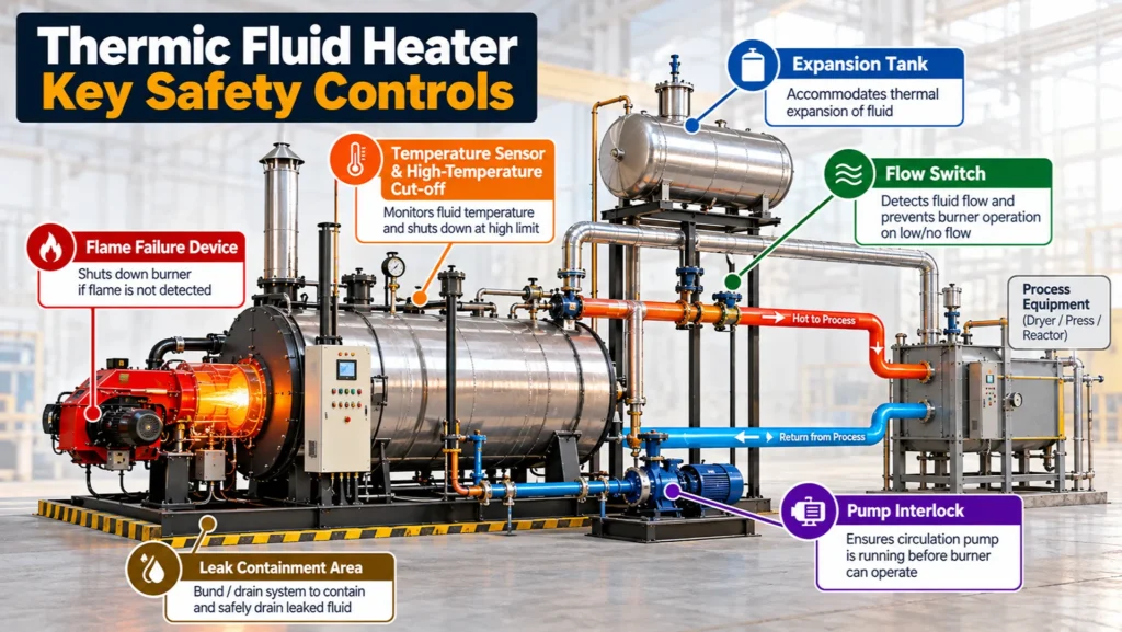 Key safety controls in a thermic fluid heater including high-temperature cut-off, flow protection, expansion tank and burner interlocks