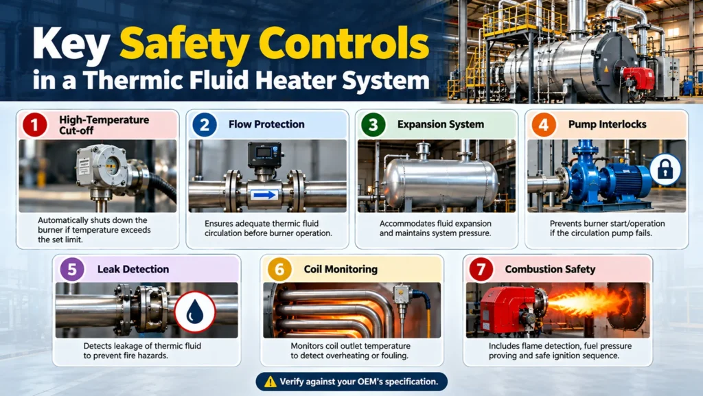 Thermic Fluid Heater Safety Controls Key safety controls in a thermic fluid heater system, including high-temperature cut-off, flow protection and pump interlocks