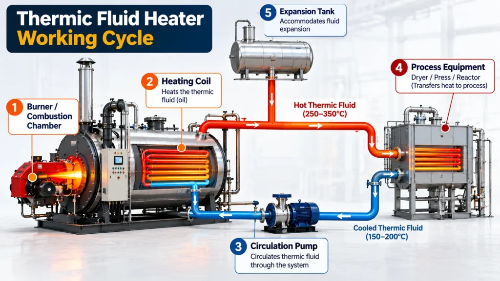 Thermic fluid heater working cycle diagram showing combustion, heating coil, circulation pump, process equipment and return loop