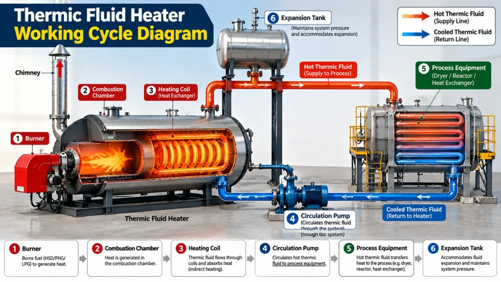 Thermic fluid heater working cycle diagram showing heating coil, circulation pump, expansion tank and return loop