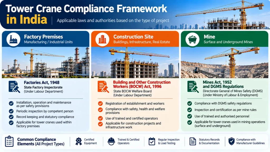 Tower Crane Compliance Framework in India by Project Type Tower crane compliance frameworks in India by project type: factory, construction site and mine