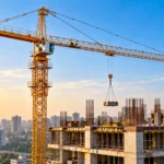 Tower crane with horizontal jib at a high-rise construction site in India