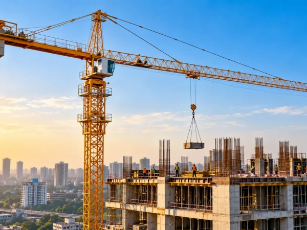 Tower crane with horizontal jib at a high-rise construction site in India