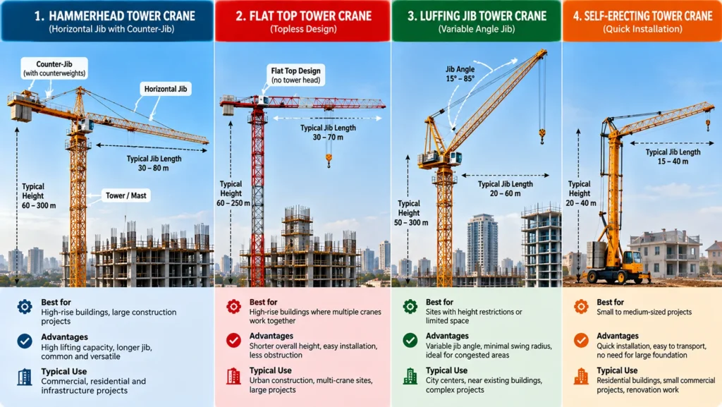 Types of Tower Cranes: Hammerhead, Flat Top, Luffing Jib and Self-Erecting Comparison of four tower crane types: hammerhead, flat top, luffing jib and self-erecting